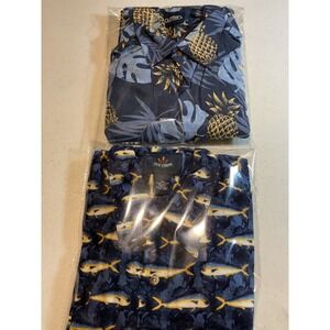 2 Rayon Shirts Ivy Crew Mens Mahi Mahi Fish Puritan Print Button Blue Sleeve LG‎